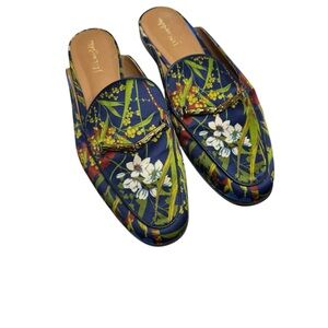 J McLaughlin Domina Navy Floral Horsebit Mules, EUC, Size 8
